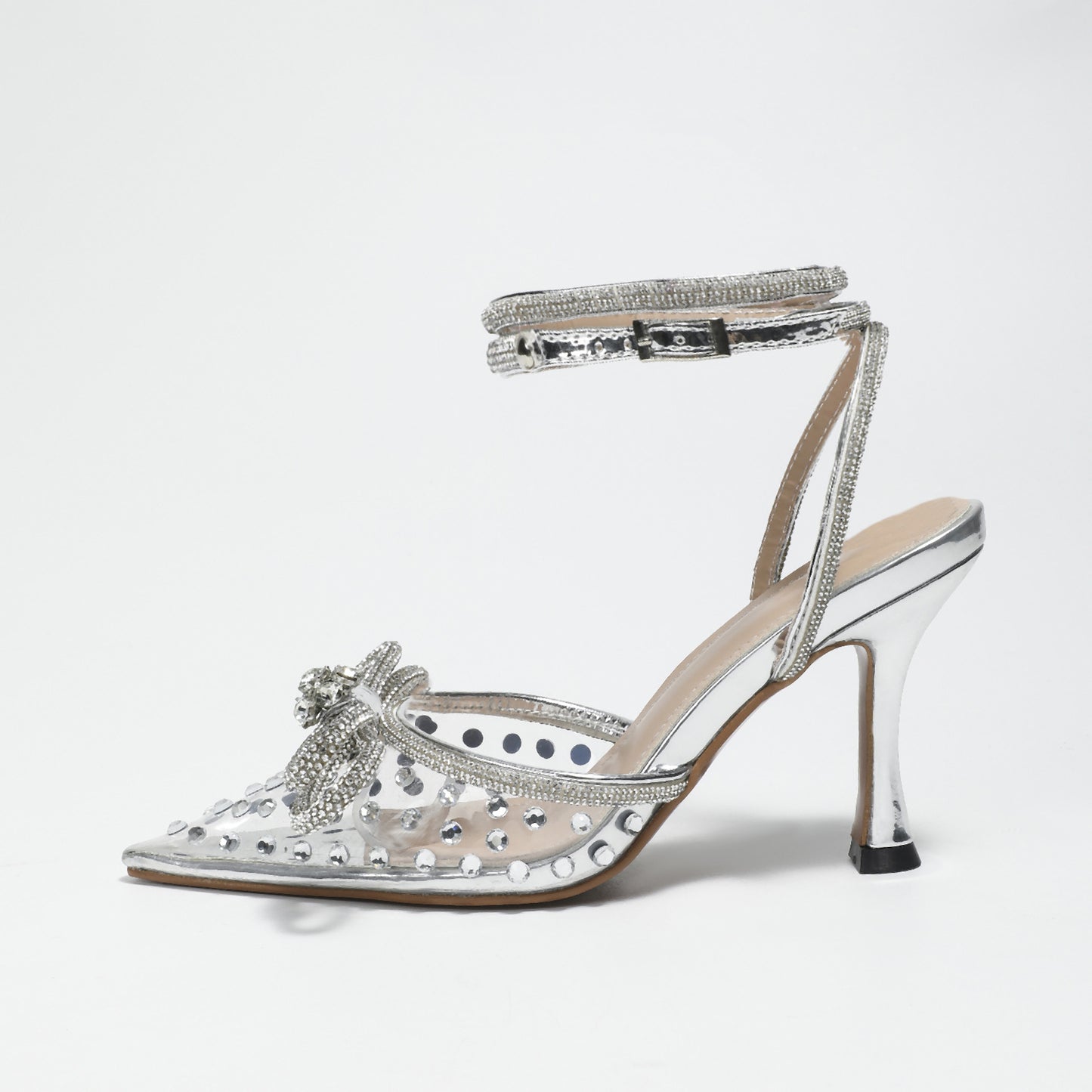Summer Transparent Pink Stiletto 8.5cm Pointed Toe Rhinestone Heels Bowknot Women Shoes