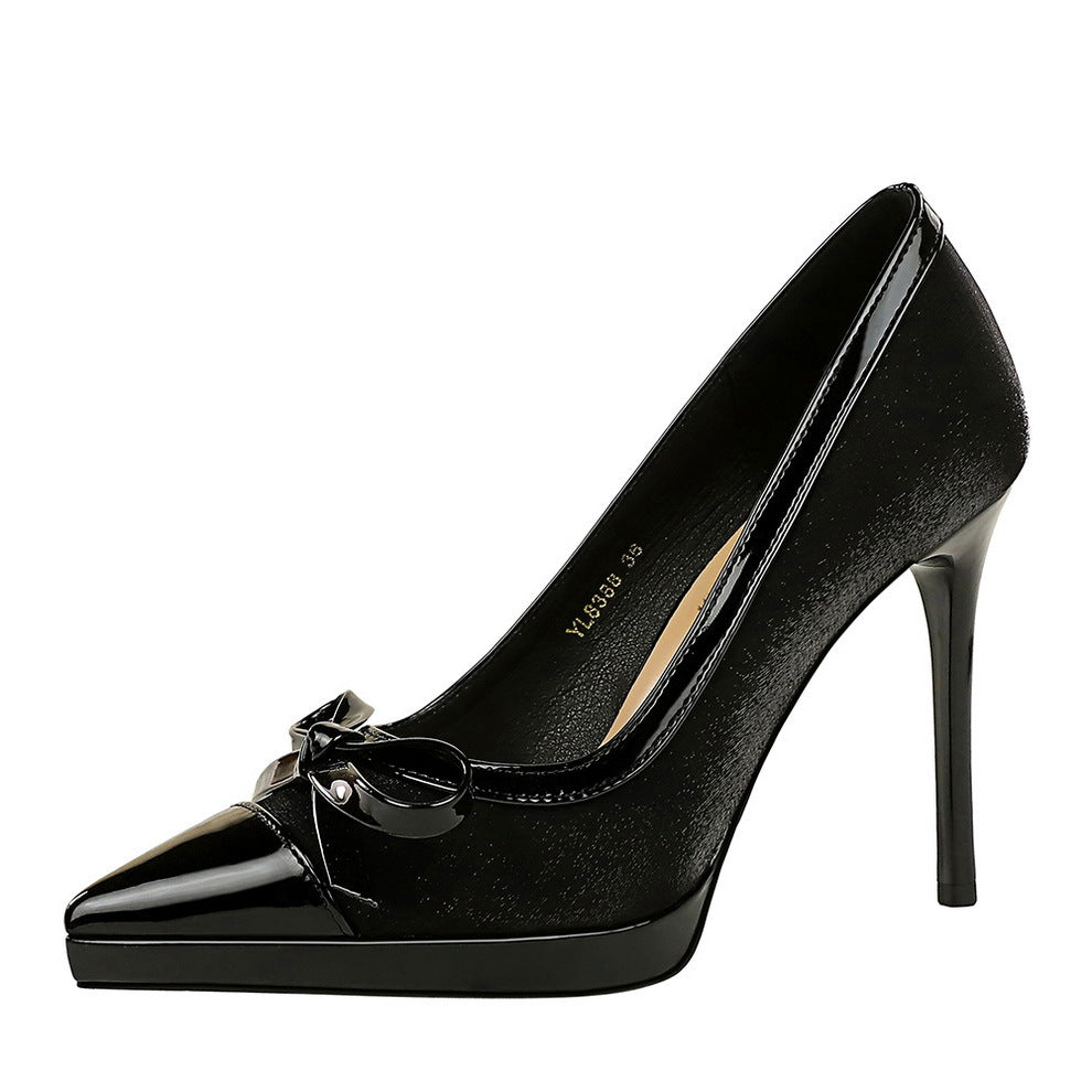 Stitching Pointed Toe Cocktail High Heel Shoes Waterproof Platform Bow Shallow Mouth Sexy Shoes