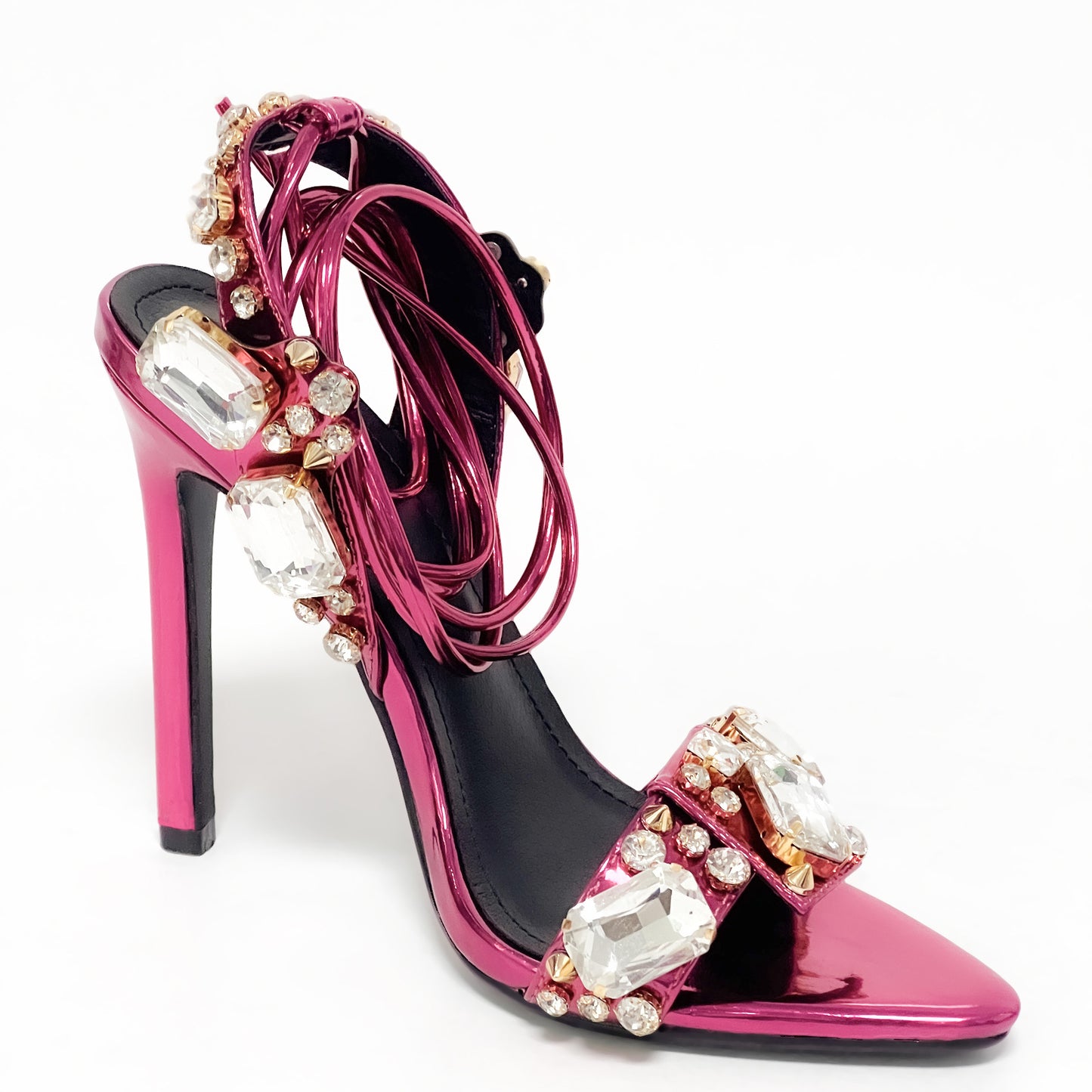 Pointed Toe 11cm Women Rhinestone Lace up Sexy Open Toe High Heel Sandals Gold Silver Green Purple High Heels Heels