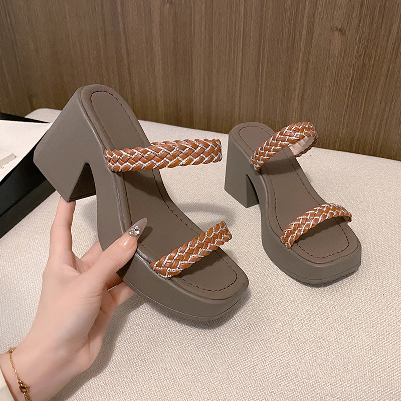 Knitted Belt High Heel Slippers Women Retro Chunky Heel Square Toe Sandals