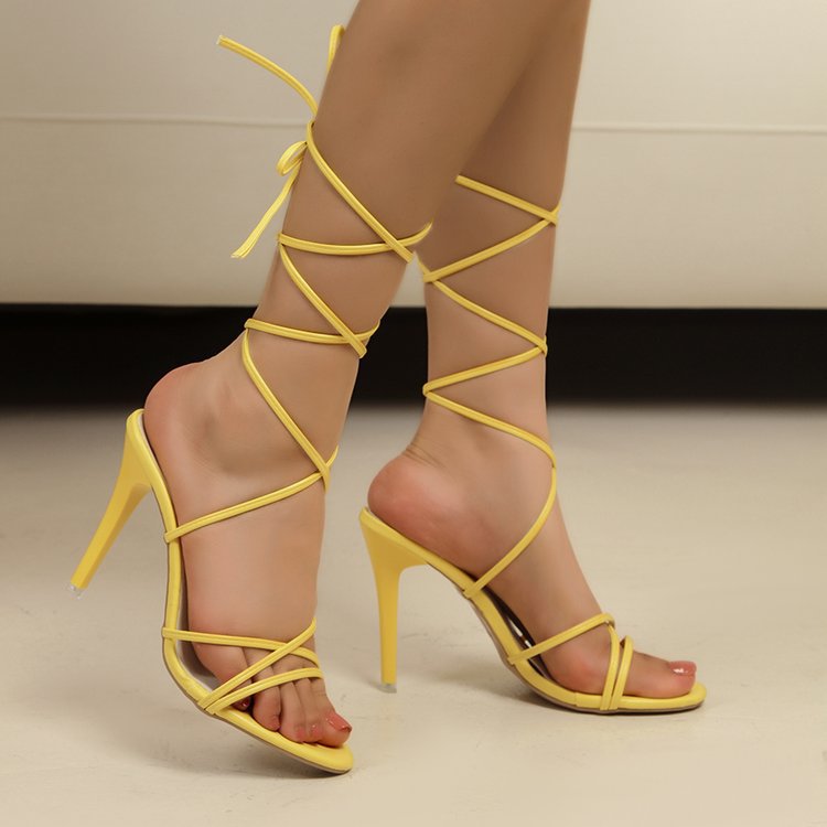 Gold Ankle Ring Lace up High Heeled Sandals Women round Head Skinny Stilettos Shoes