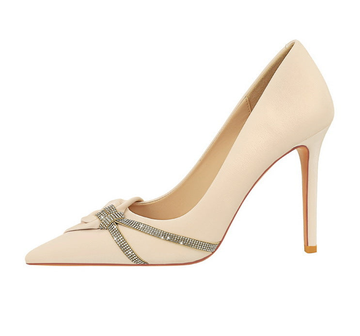Cocktail High Heels Stiletto Heel Shallow Mouth Pointed Toe Rhinestone Bow Pumps Women Shoes