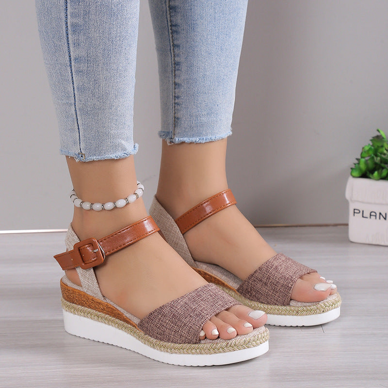 One Word Wedge Peep Toe Sandals Women Summer Hasp Outer Wear Beach Slippers