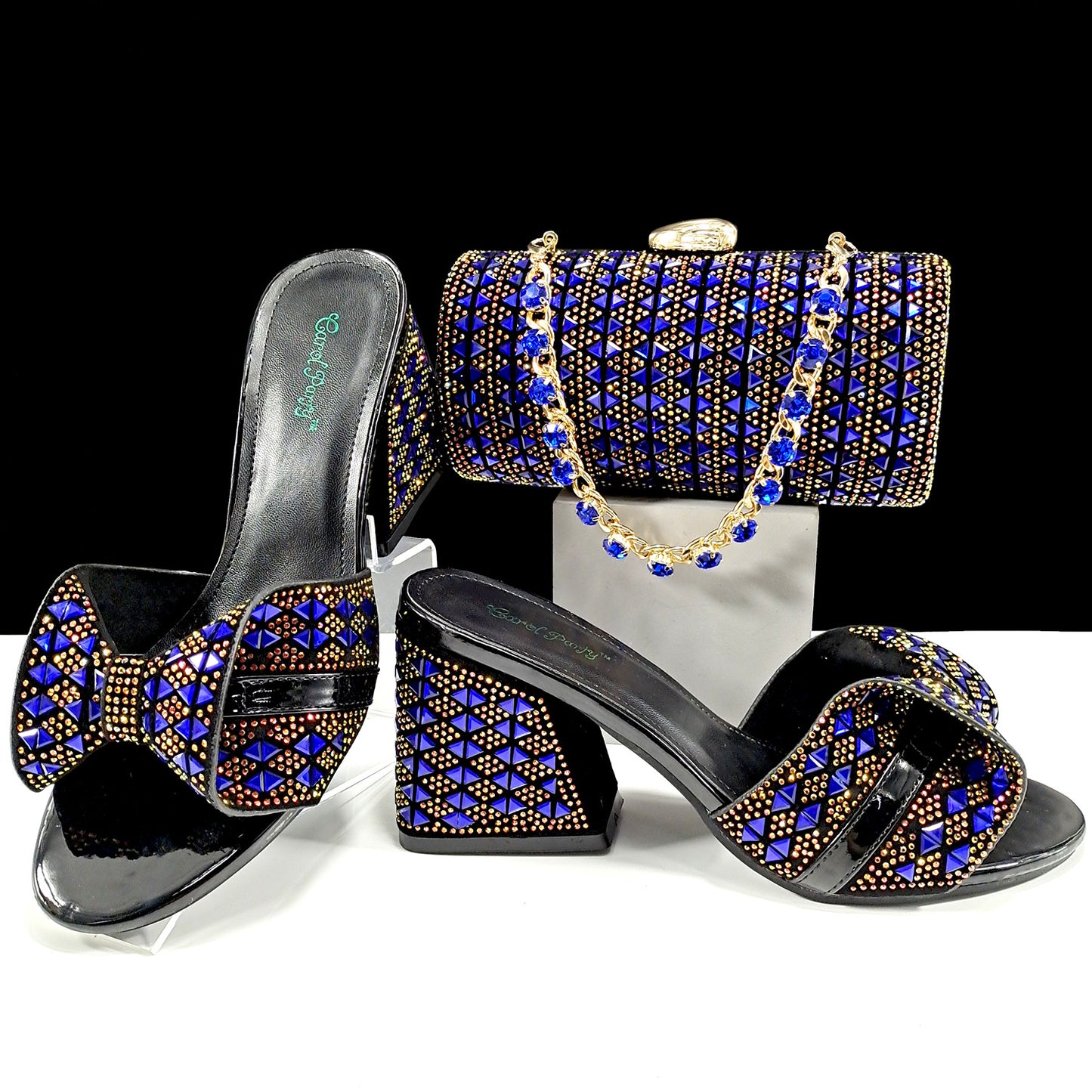 Women Shoes Bags Two Piece Sets Summer Mouth High Heel Slippers Color Matching Rhinestone Embellished Cylindrical Bag Casual