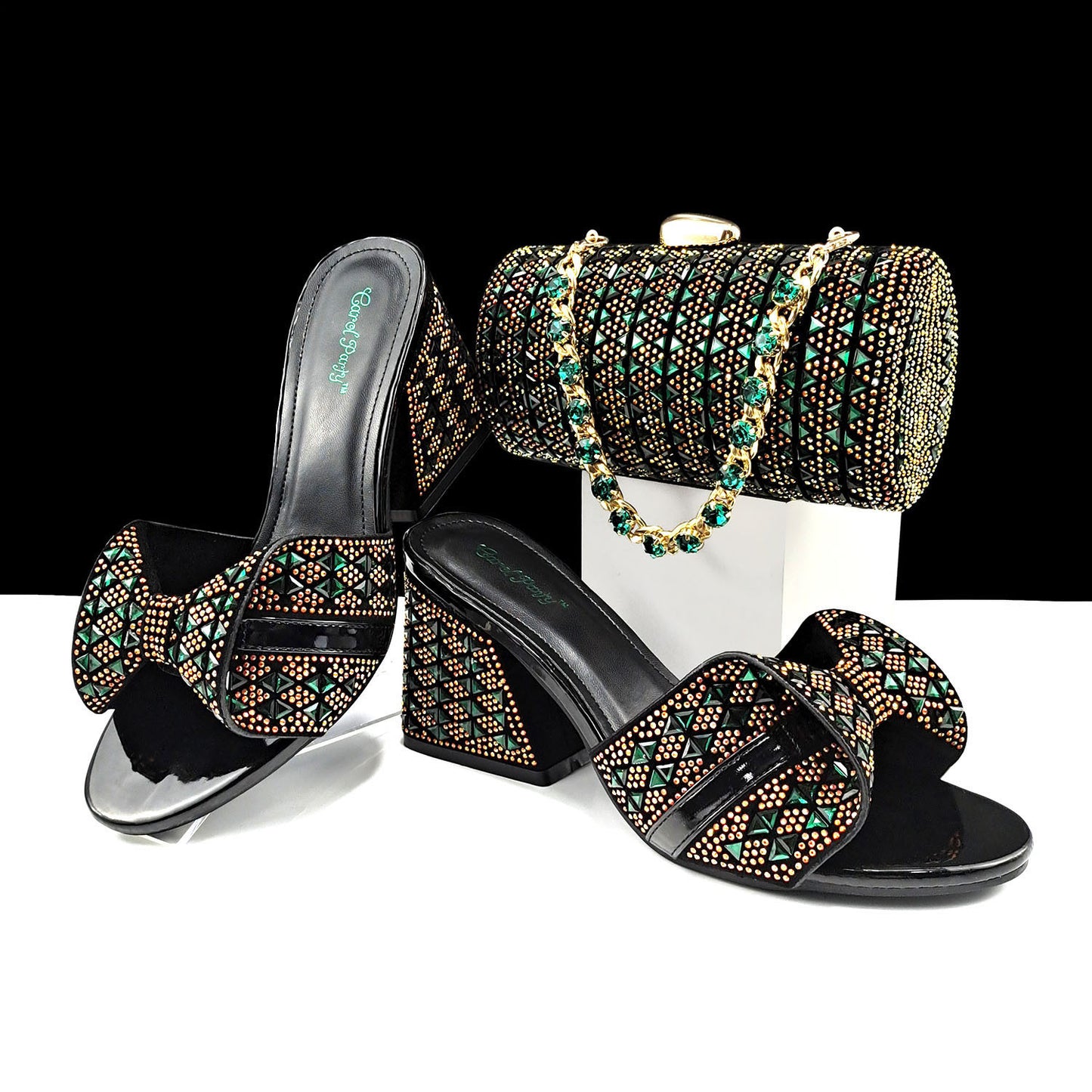 Women Shoes Bags Two Piece Sets Summer Mouth High Heel Slippers Color Matching Rhinestone Embellished Cylindrical Bag Casual