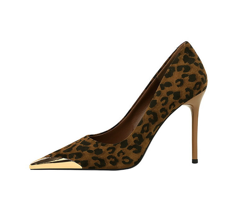 Cocktail Women Shoes Leopard Print High Heels Stiletto Suede Shallow Mouth Metal Pointed Toe Pumps Super High Heel