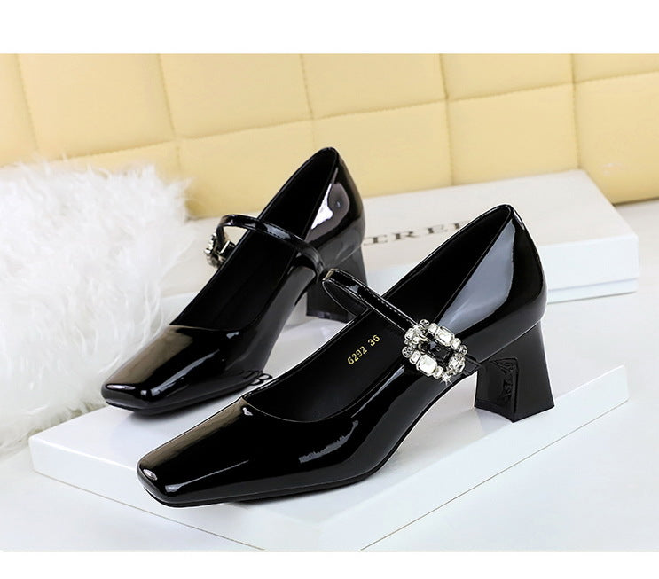 Cocktail Mary Jane Women Shoes Square Toe Low Cut Patent Leather Strap Rhinestone Buckle Chunky Heel Mid Heel Shoes