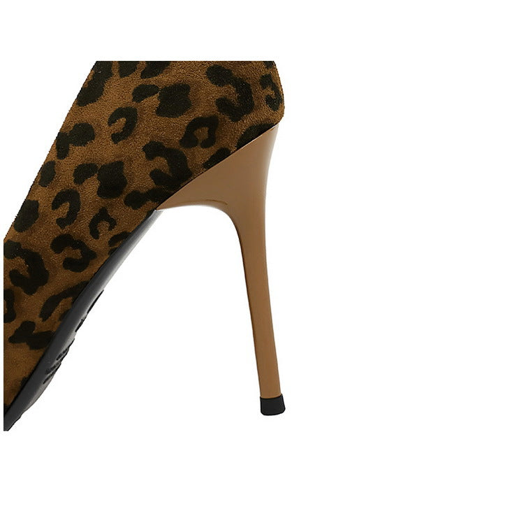 Cocktail Women Shoes Leopard Print High Heels Stiletto Suede Shallow Mouth Metal Pointed Toe Pumps Super High Heel
