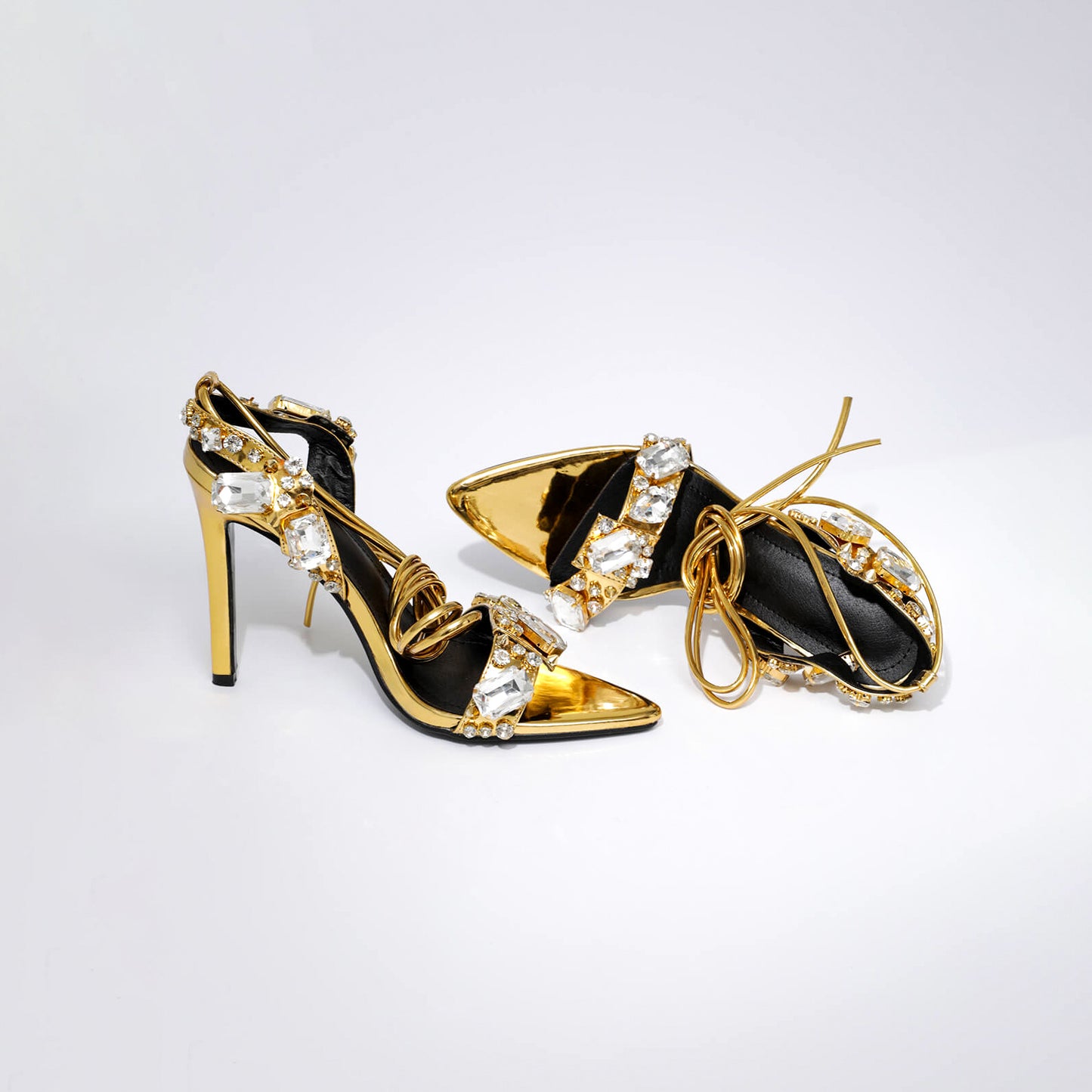 Pointed Toe 11cm Women Rhinestone Lace up Sexy Open Toe High Heel Sandals Gold Silver Green Purple High Heels Heels