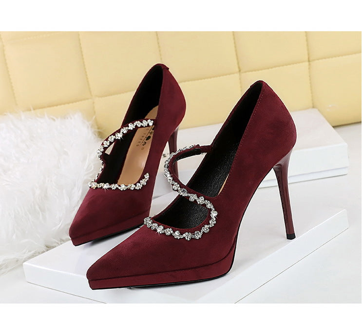 Cocktail High Heels Stiletto Low Cut Suede Pointed Toe Waterproof Platform Rhinestone Ankle Strap High Heel Pumps