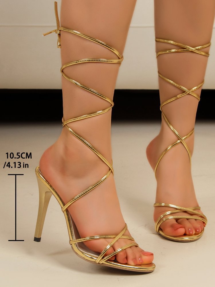 Gold Ankle Ring Lace up High Heeled Sandals Women round Head Skinny Stilettos Shoes