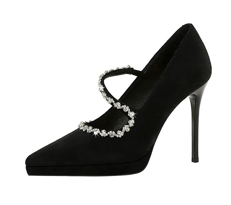 Cocktail High Heels Stiletto Low Cut Suede Pointed Toe Waterproof Platform Rhinestone Ankle Strap High Heel Pumps