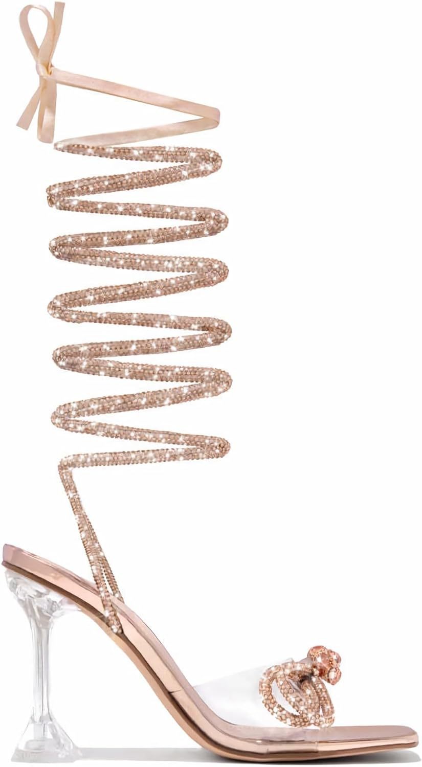 Transparent High Heel Sandals Ankle Rhinestone Tied Heels Square Head 9cm Bow Transparent Stiletto Women Shoes