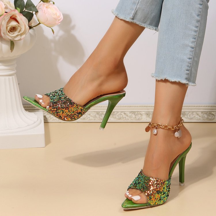 Sequined Pointed High Heel Toe Baring Sandal Women Sexy Stiletto Heel Sandals