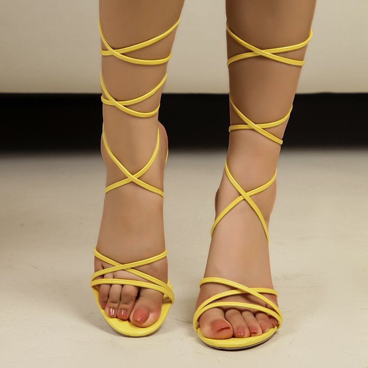 Gold Ankle Ring Lace up High Heeled Sandals Women round Head Skinny Stilettos Shoes