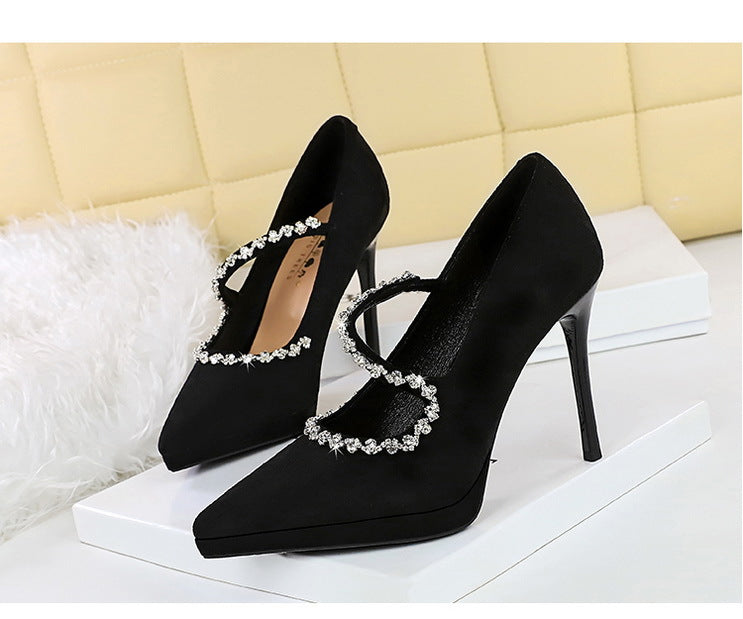 Cocktail High Heels Stiletto Low Cut Suede Pointed Toe Waterproof Platform Rhinestone Ankle Strap High Heel Pumps