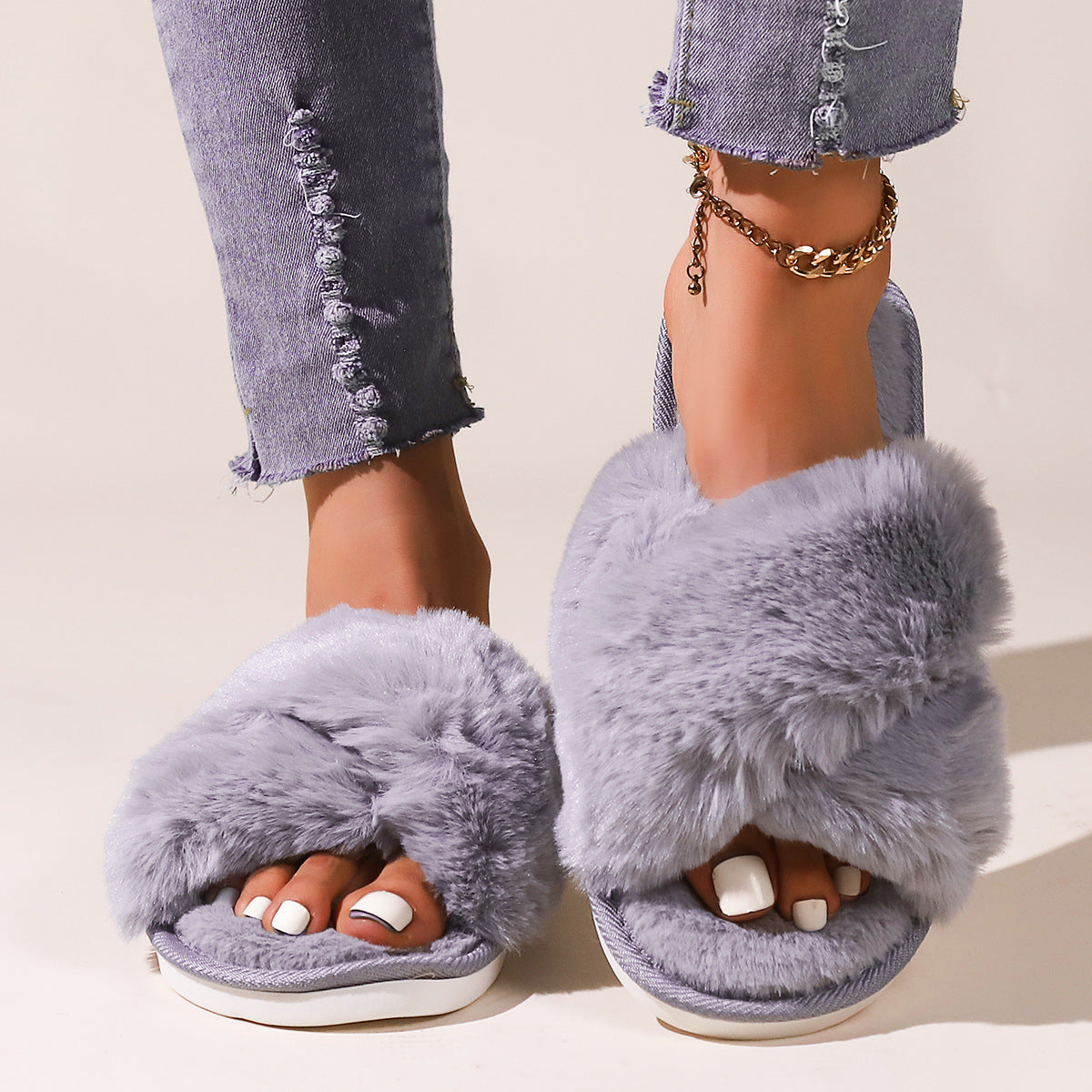 Women Fluffy Slippers Outerwear Cross Household Indoor Plush Lazy Cotton Slippers