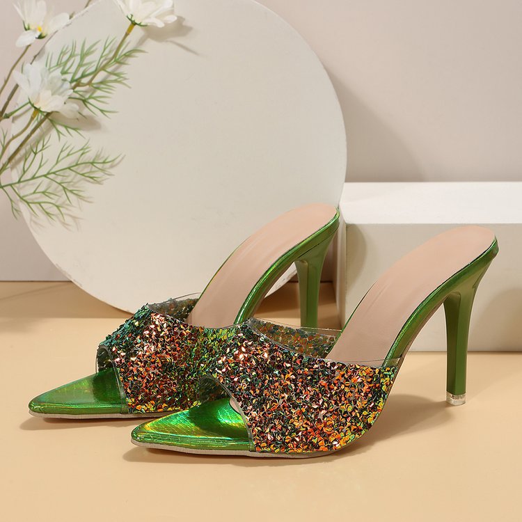 Sequined Pointed High Heel Toe Baring Sandal Women Sexy Stiletto Heel Sandals