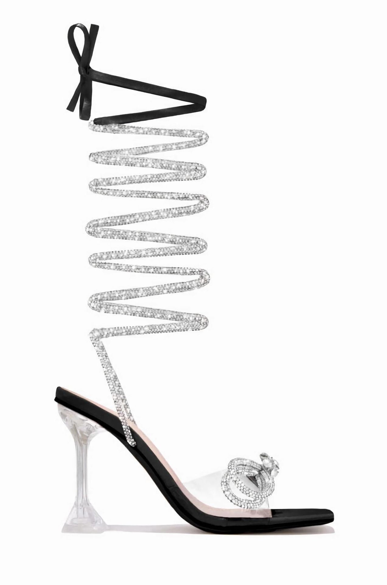 Transparent High Heel Sandals Ankle Rhinestone Tied Heels Square Head 9cm Bow Transparent Stiletto Women Shoes