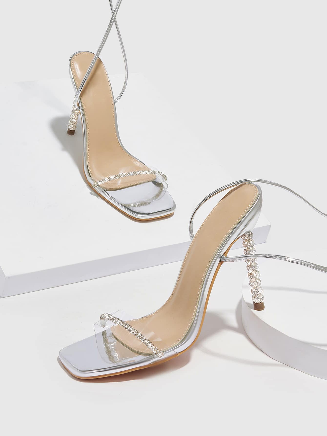 9cm Rhinestone Stiletto Silver Women Summer High Heel Sandals Women Rhinestones Strap Heels