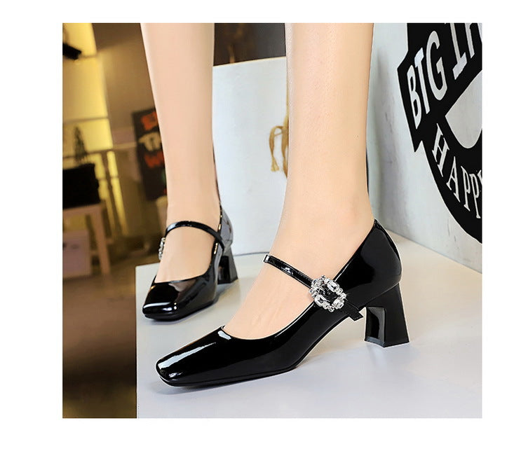 Cocktail Mary Jane Women Shoes Square Toe Low Cut Patent Leather Strap Rhinestone Buckle Chunky Heel Mid Heel Shoes