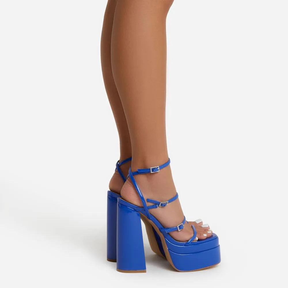 Summer Black White Green Blue 16cm Chunky Heel High Heel Rhinestone Buckle Cross Buckle Sandals Women Waterproof Platform Heels