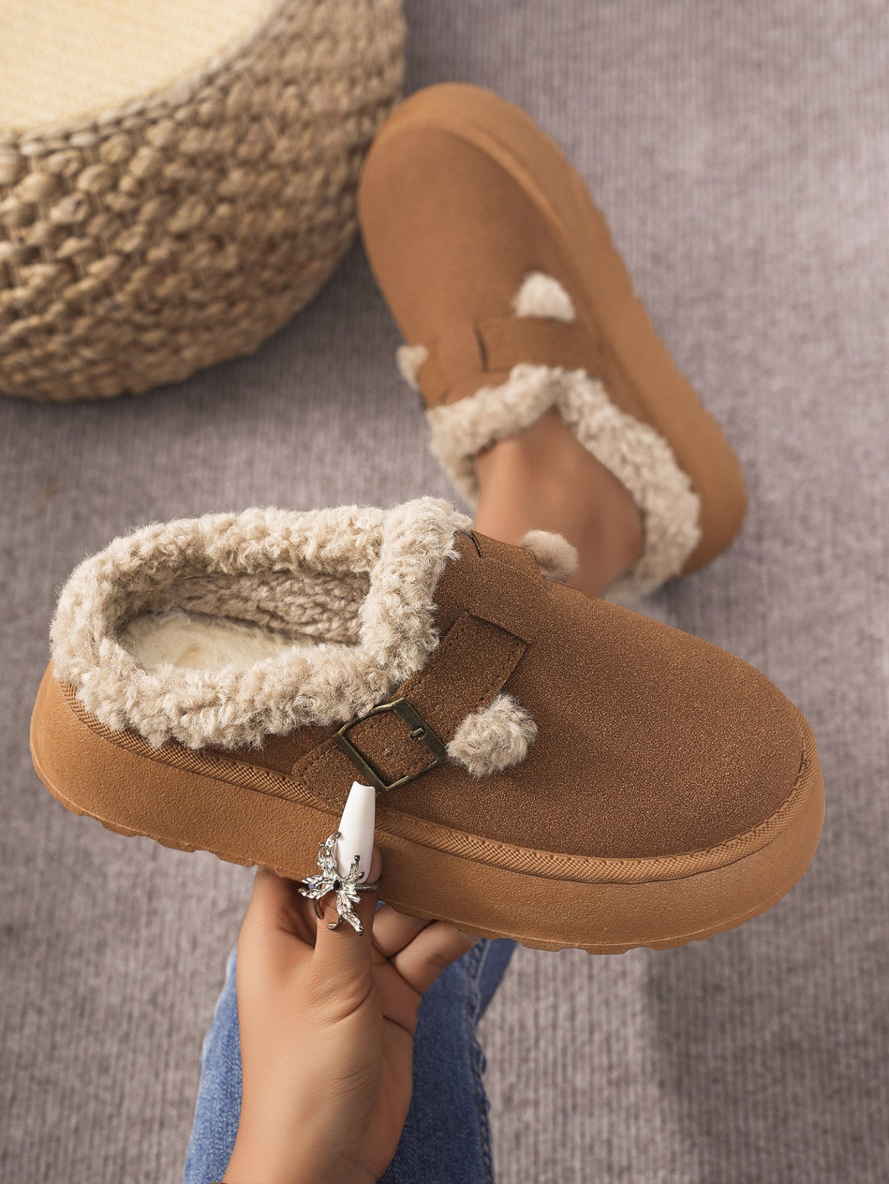 Autumn Winter Thick Bottom Plush Buckle Thermal Cotton Slippers Casual Women Shoes