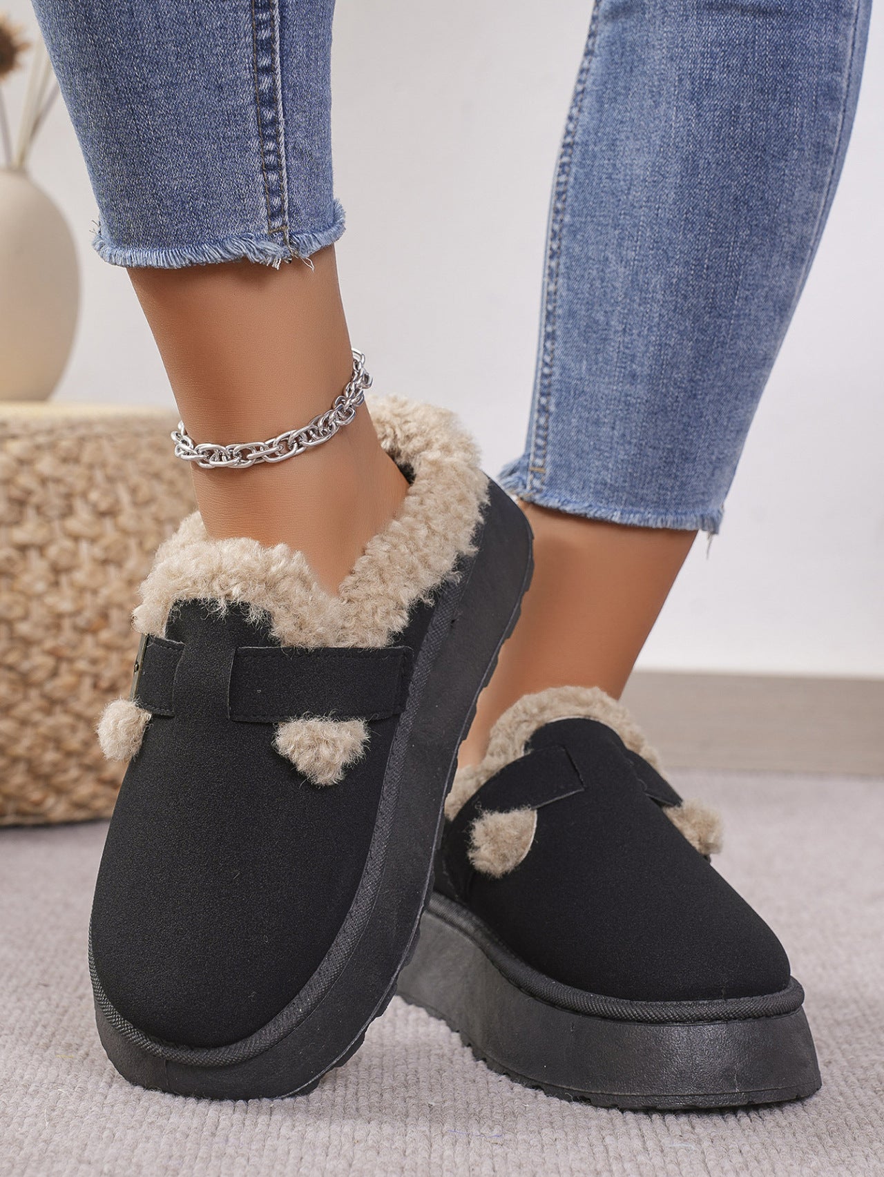 Autumn Winter Thick Bottom Plush Buckle Thermal Cotton Slippers Casual Women Shoes