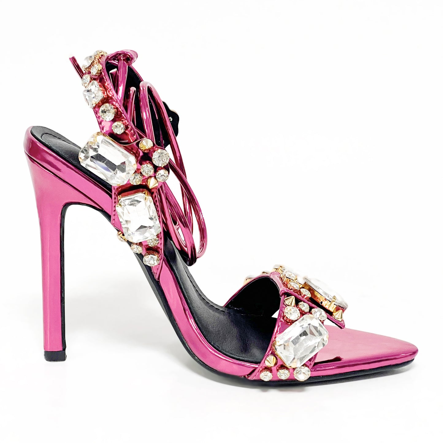 Pointed Toe 11cm Women Rhinestone Lace up Sexy Open Toe High Heel Sandals Gold Silver Green Purple High Heels Heels