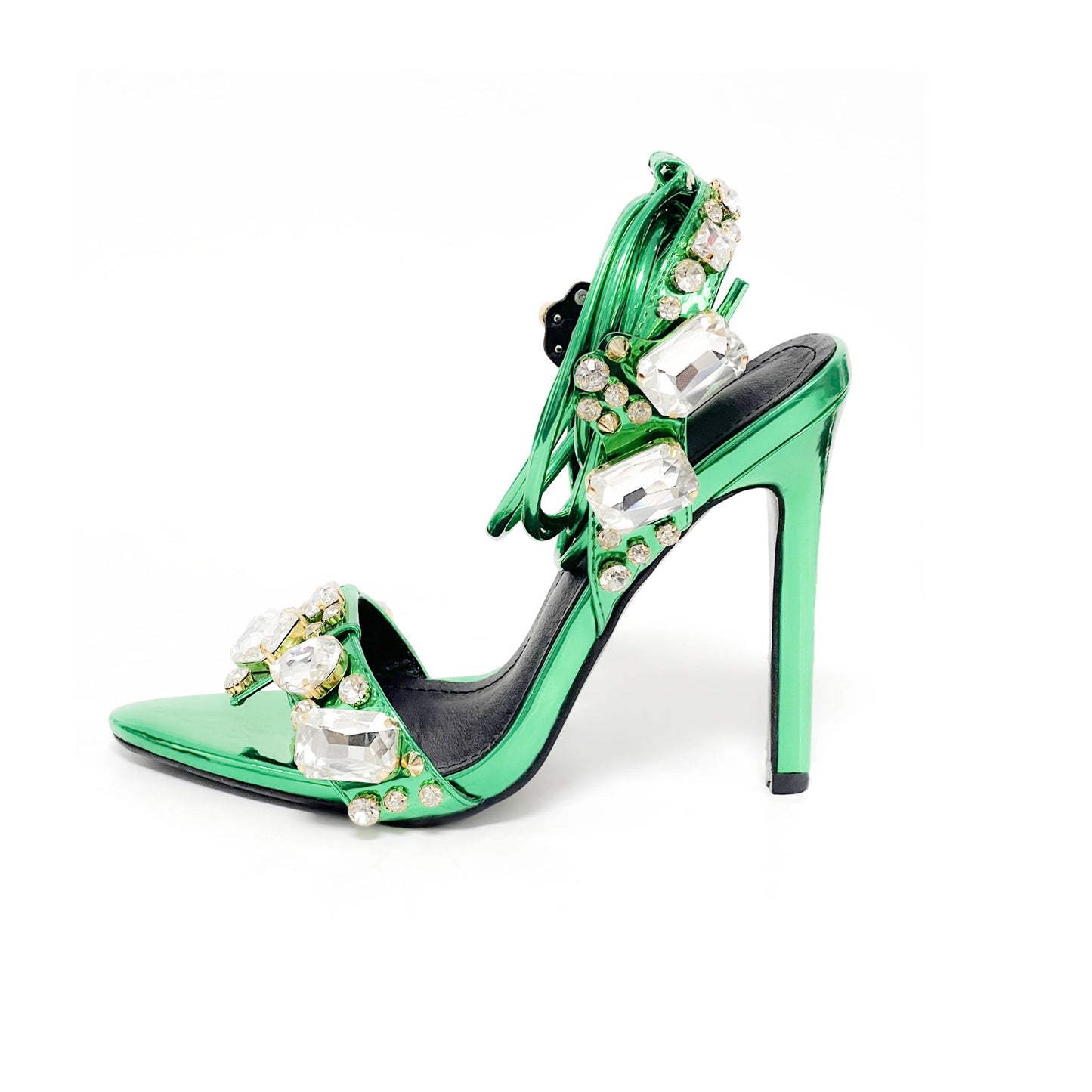 Pointed Toe 11cm Women Rhinestone Lace up Sexy Open Toe High Heel Sandals Gold Silver Green Purple High Heels Heels