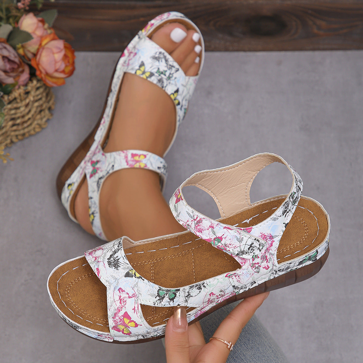 Floral Print Hollow Out Cutout out Platform Ankle Strap Sandals Women Magic Strap Lightweight Beach Sandals Sandals