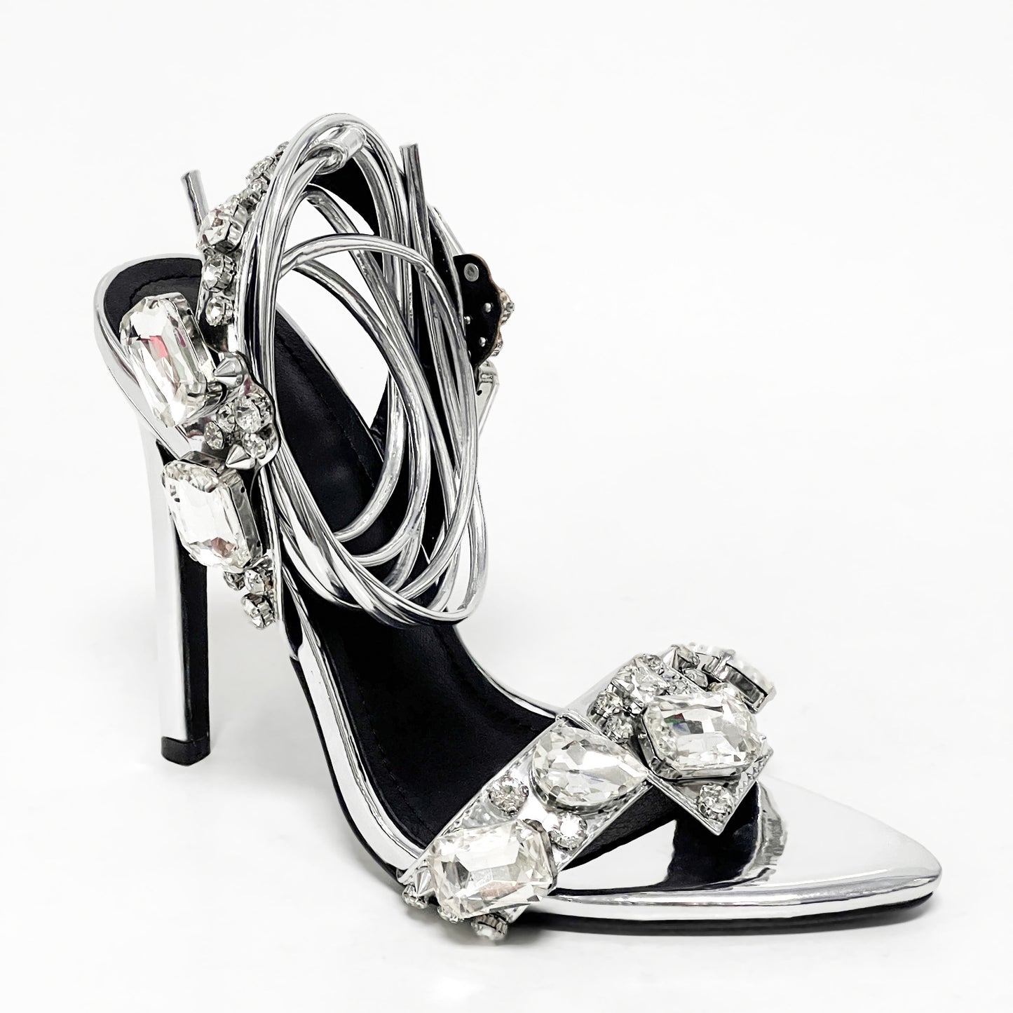 Pointed Toe 11cm Women Rhinestone Lace up Sexy Open Toe High Heel Sandals Gold Silver Green Purple High Heels Heels