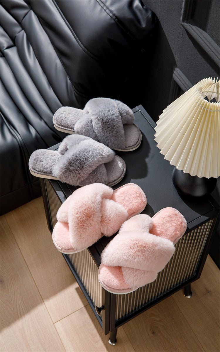 Women Fluffy Slippers Outerwear Cross Household Indoor Plush Lazy Cotton Slippers