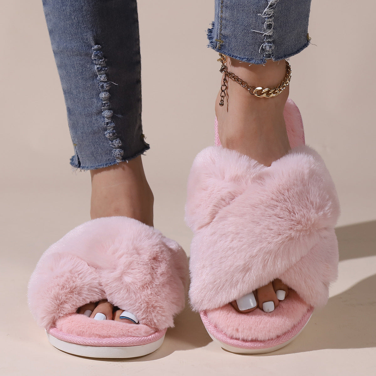 Women Fluffy Slippers Outerwear Cross Household Indoor Plush Lazy Cotton Slippers