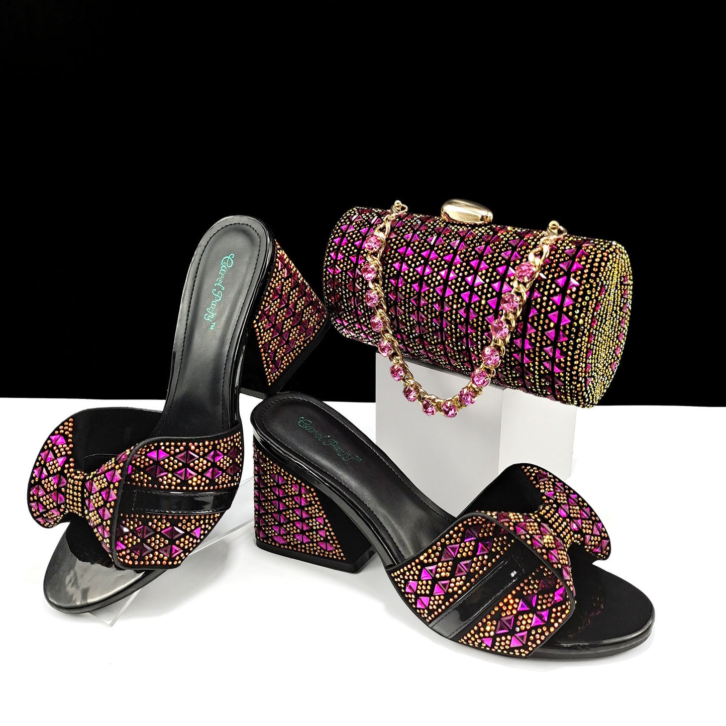 Women Shoes Bags Two Piece Sets Summer Mouth High Heel Slippers Color Matching Rhinestone Embellished Cylindrical Bag Casual