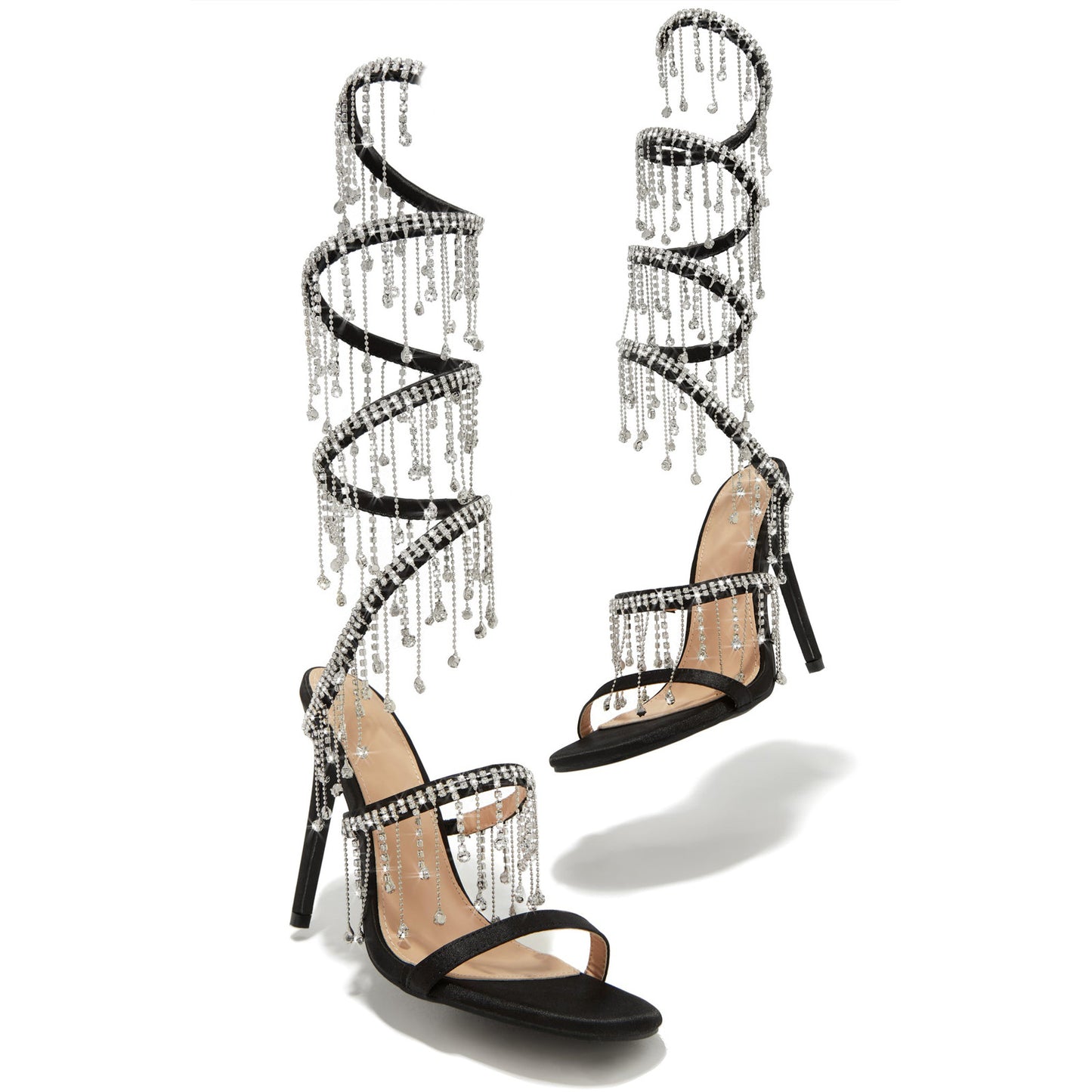 Black Gold 11cm Stiletto Heel Small round Head Winding Rhinestone Embellished High Heel Sandals Summer Heels
