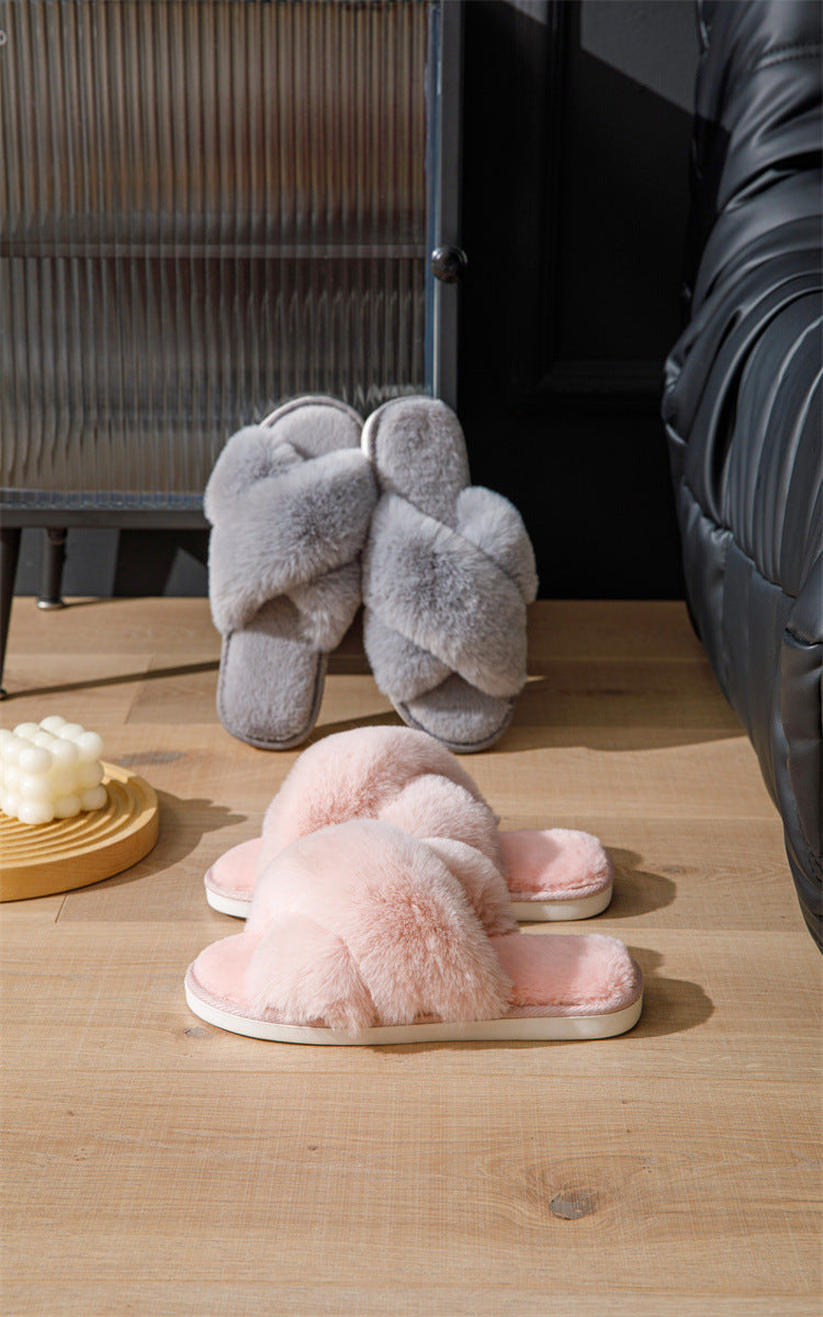 Women Fluffy Slippers Outerwear Cross Household Indoor Plush Lazy Cotton Slippers