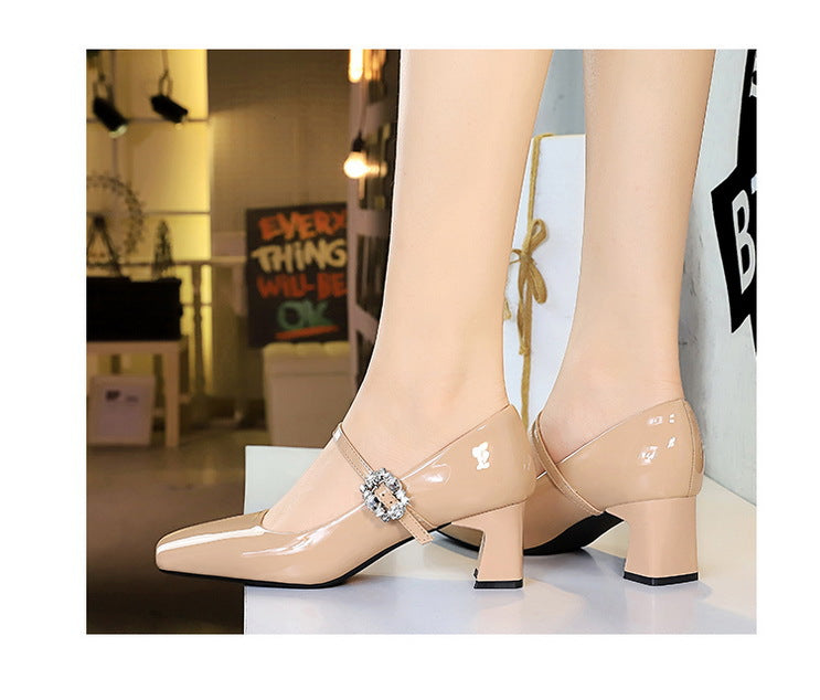 Cocktail Mary Jane Women Shoes Square Toe Low Cut Patent Leather Strap Rhinestone Buckle Chunky Heel Mid Heel Shoes