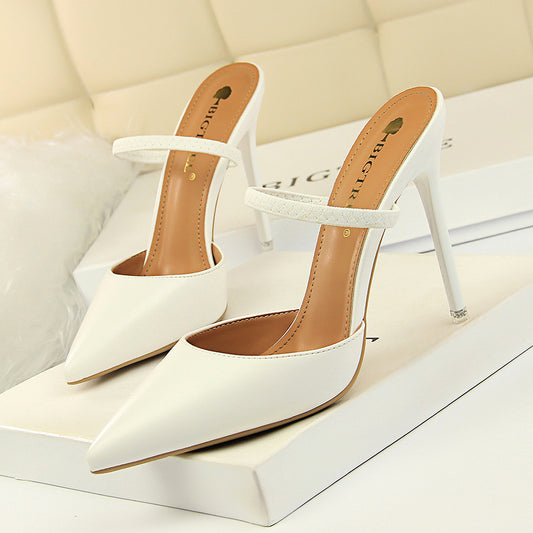 Simple Closed Toe Slippers Stiletto Heel Shallow Mouth Pointed Toe Hollow Out Cutout out Strap Women Slippers