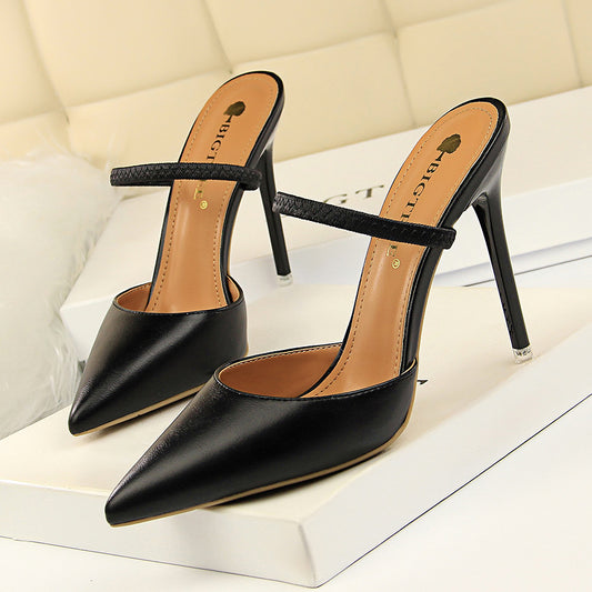 Simple Closed Toe Slippers Stiletto Heel Shallow Mouth Pointed Toe Hollow Out Cutout out Strap Women Slippers