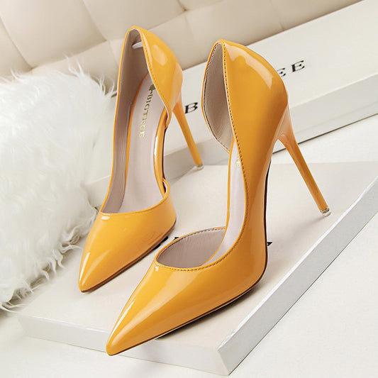 Simple Stiletto Heel Patent Leather Low Cut Pointed Toe Hollowed Sexy Slimming High Heels Pumps