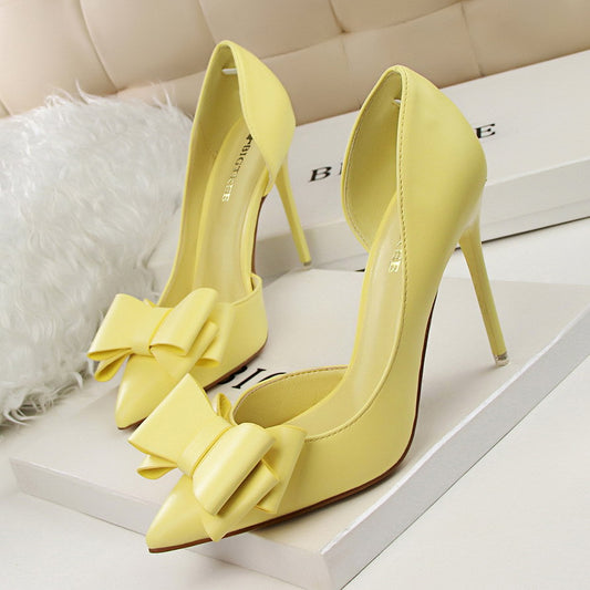 Fashionable Sweet Bowknot High Heels Stiletto Heel Shallow Mouth Pointed Toe Side Hollow Out Cutout out Pumps