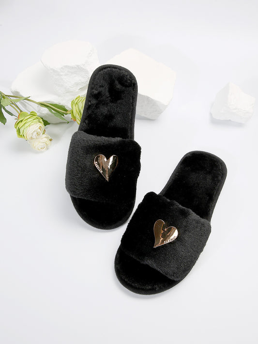 Fluffy Slippers Heart-Shaped Flat Slippers Women Home Casual Anti Rabbit Fur Cotton Slippers Women