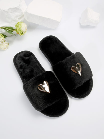 Fluffy Slippers Heart-Shaped Flat Slippers Women Home Casual Anti Rabbit Fur Cotton Slippers Women
