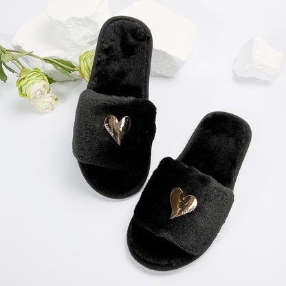 Fluffy Slippers Heart-Shaped Flat Slippers Women Home Casual Anti Rabbit Fur Cotton Slippers Women