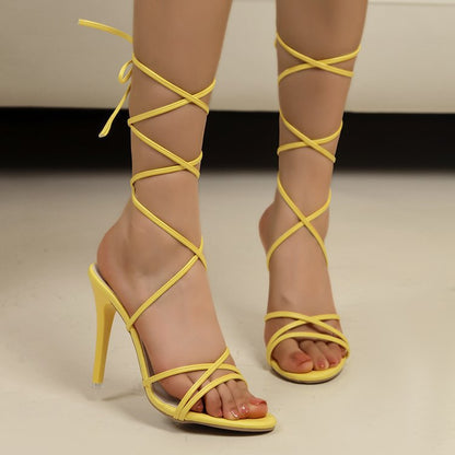 Gold Ankle Ring Lace up High Heeled Sandals Women round Head Skinny Stilettos Shoes