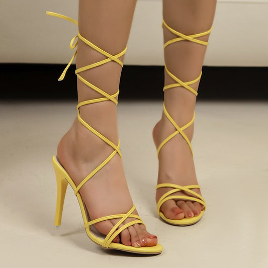 Gold Ankle Ring Lace up High Heeled Sandals Women round Head Skinny Stilettos Shoes