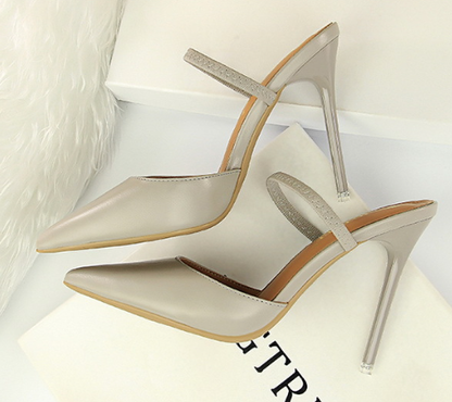 Simple Closed Toe Slippers Stiletto Heel Shallow Mouth Pointed Toe Hollow Out Cutout out Strap Women Slippers