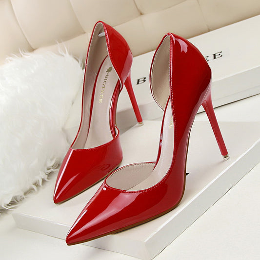 Simple Stiletto Heel Patent Leather Low Cut Pointed Toe Hollowed Sexy Slimming High Heels Pumps