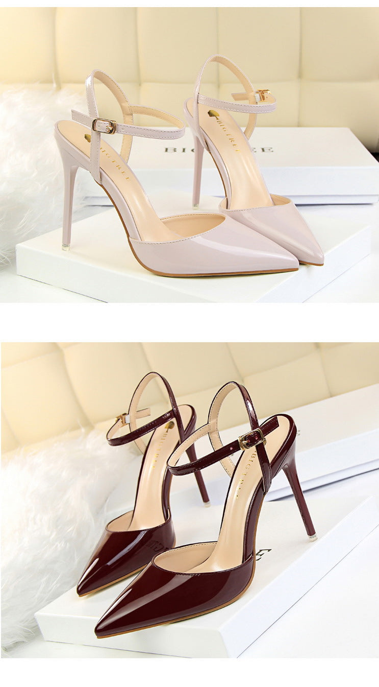Simple Stiletto Heel Shallow Mouth Pointed Patent Leather Sexy Nightclub Slim Fit Strap Women Sandals
